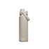 A drink bottle in a light beige colour with a carry handle and a logo. Stylish, slim design for easy use.