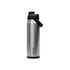 A drink bottle in stainless steel with a black cap and a logo, designed for easy chugging.