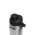 A drink bottle in stainless steel with a black lid and integrated handle, featuring a logo on the cap.