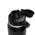 A drink bottle in black with a grey band and a twist-top lid featuring a spout. It has a logo on one side.