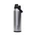 A drink bottle featuring a sleek silver stainless steel design with a black cap and carrying handle.