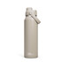 A drink bottle in a light beige colour with a screw-top lid and a handle, featuring a logo on the side.