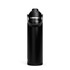 A drink bottle in black with a silver band, featuring a handle and a spout cap. It has a logo on the side.