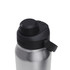 A drink bottle with a stainless steel body and a black, secure lid featuring a spout and lever. It has a logo.