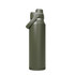 A drink bottle in olive green with a screw-top lid and a sturdy handle. It features a logo on the side.