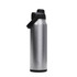 A drink bottle in silver with a black lid and handle, featuring a sleek, stainless steel design.