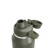 A drink bottle in olive green with a wide mouth and a screw-on lid featuring a cap and a logo.