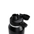 A drink bottle in black with a twist cap and a spout, featuring a logo on the side.