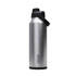 A drink bottle with a sleek stainless steel design, featuring a black lid and handle, and a logo on the side.
