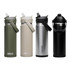 A drink bottle featuring a flip straw design, available in olive green, beige, silver, and black. Includes a logo.