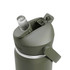 A drink bottle in an olive green shade featuring a flip straw and a built-in cap. It has a logo on the side.