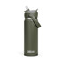 A drink bottle in olive green with a flip straw and a removable lid, featuring a logo at the base.