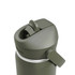 A drink bottle with a flip straw top, featuring an olive green body and a silver rim. It has a logo on the side.