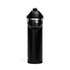 A drink bottle in black with a sturdy handle and a flip straw, featuring a silver band around the top.