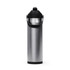 A drink bottle with a sleek stainless steel design and a black flip straw lid. It features a sturdy carrying handle.