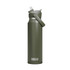 A drink bottle in olive green with a flip straw lid and a handle, featuring a logo on the side.