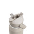 A drink bottle in a light beige colour featuring a flip straw and a secure cap, with a logo on the body.