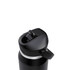 A drink bottle with a black finish and a flip straw lid, featuring a silver band and a logo.