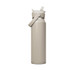 A drink bottle in a neutral beige colour with a flip straw lid and a carrying handle. It features a logo.