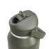 A drink bottle in olive green with a flip straw and a handle, featuring a circular cap and a visible logo.