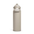 A drink bottle in a light beige colour with a flip straw and a carrying handle, featuring a logo.