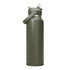 A drink bottle in olive green with a removable flip straw lid and a side handle, featuring a logo.