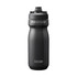 A drink bottle in black with a contoured shape, featuring a branded logo and a push-pull cap.