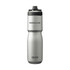 A drink bottle in silver stainless steel with a black and grey lid, featuring a logo on the body.