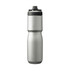A drink bottle in stainless steel with a black lid and a logo. It has a capacity of 0.65L.