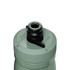 A drink bottle in muted green with a black top and a features an attached spout. It has a logo.