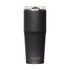 A drink bottle in matte black with a clear lid and a logo at the base.