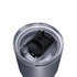 A drink bottle featuring a silver body and a black lid, designed for convenience. It has a logo on the lid.