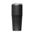A drink bottle in matte black finish with a clear lid and a sleek, tapered design, featuring a logo.
