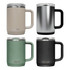 A drink bottle collection featuring a beige, silver, green, and black travel mug, each with a handle and a lid.