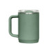 A drink bottle in a muted green colour with a clear lid and a sturdy handle, featuring a logo on the side.