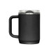 A drink bottle with a black exterior, featuring a handle and a transparent lid. It has a logo on it.