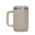 A drink bottle in a beige tone with a transparent lid and a sturdy handle, featuring a logo.