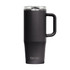 A drink bottle in matte black with a handle and a clear, transparent lid, featuring a logo.