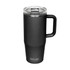 A drink bottle in black with a clear lid and a handle, featuring a logo on the base.