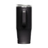 A drink bottle in matte black with a handle and a clear lid, featuring a simple logo.