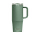 A drink bottle with a green matte finish, featuring a handle and a transparent lid, branded with a logo.