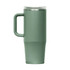 A drink bottle in a matte sage green colour with a clear lid and a side handle. It features a logo.