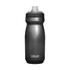A drink bottle in grey with a dotted grip pattern and a cap, featuring a branding logo.