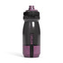A drink bottle featuring a dark grey body with a purple base and a black lid, including a logo.