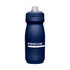 A drink bottle in navy blue with a simple design, featuring a logo and a dotted pattern.