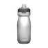 A drink bottle in clear plastic with grey accents and a logo, featuring a squeeze top for easy hydration.