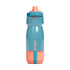 A drink bottle featuring a blue and orange design with a logo. It has a flip-top cap and a tapered body.