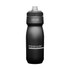 A drink bottle in matte black with a textured grip and a logo, featuring a spout for easy drinking.