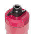 A drink bottle in vibrant pink with a black spout, featuring a logo on the side.