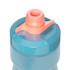 A drink bottle in shades of blue with a pink nozzle and a logo on the cap.